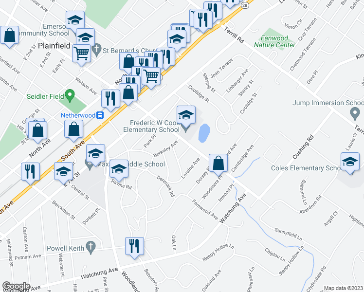 map of restaurants, bars, coffee shops, grocery stores, and more near 812 Leland Avenue in Plainfield