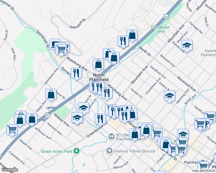 map of restaurants, bars, coffee shops, grocery stores, and more near 302 Watchung Avenue in North Plainfield