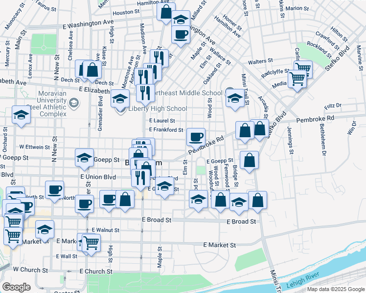 map of restaurants, bars, coffee shops, grocery stores, and more near 428 East Fairview Street in Bethlehem