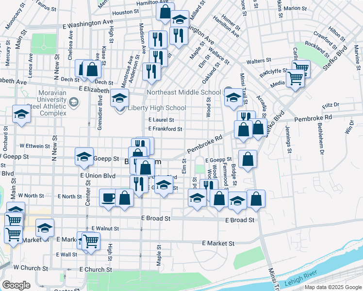 map of restaurants, bars, coffee shops, grocery stores, and more near 428 East Fairview Street in Bethlehem