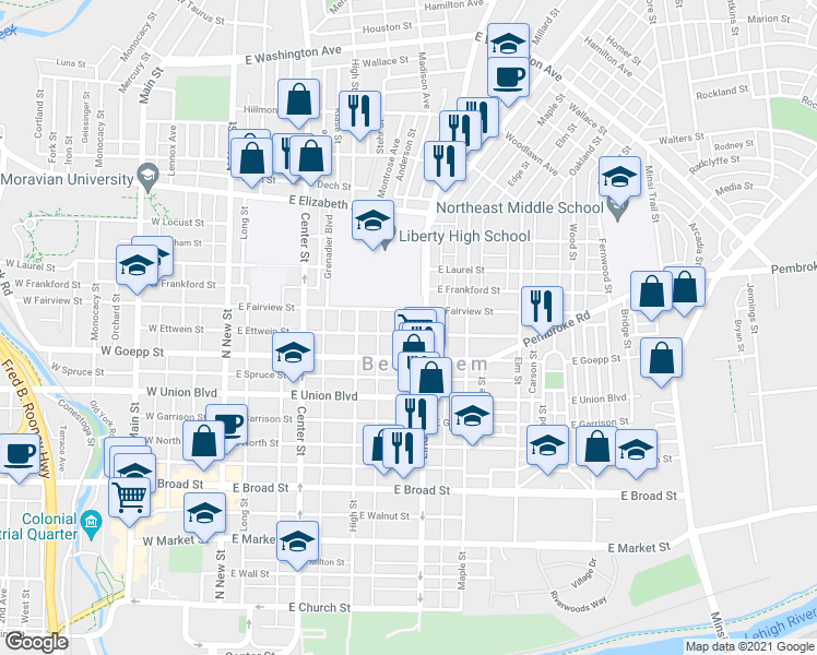 map of restaurants, bars, coffee shops, grocery stores, and more near 941 Linden Street in Bethlehem