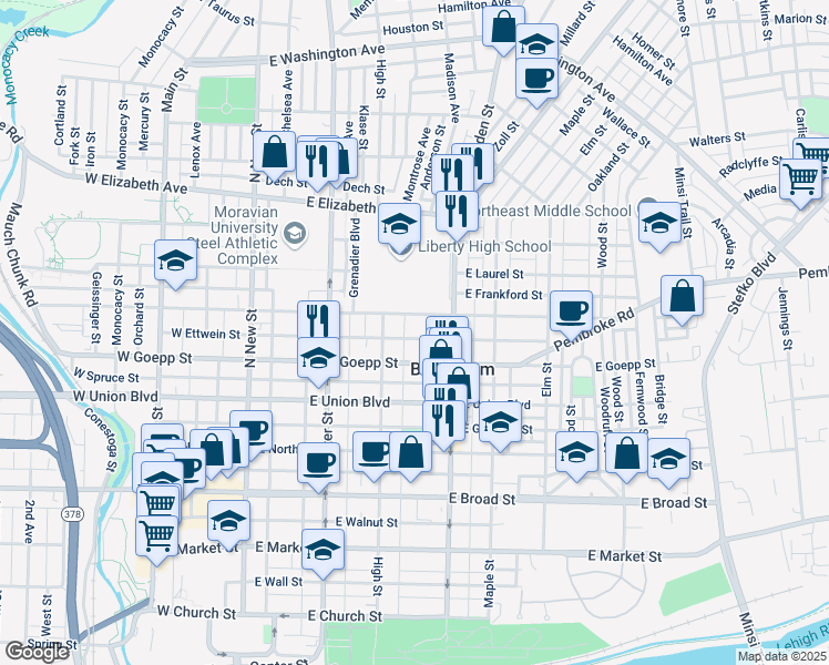 map of restaurants, bars, coffee shops, grocery stores, and more near 250 East Fairview Street in Bethlehem