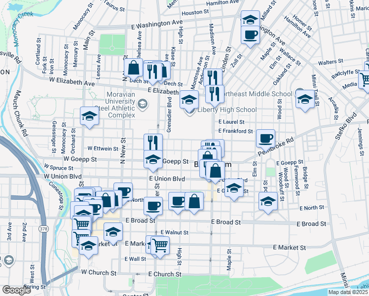 map of restaurants, bars, coffee shops, grocery stores, and more near 932 High Street in Bethlehem