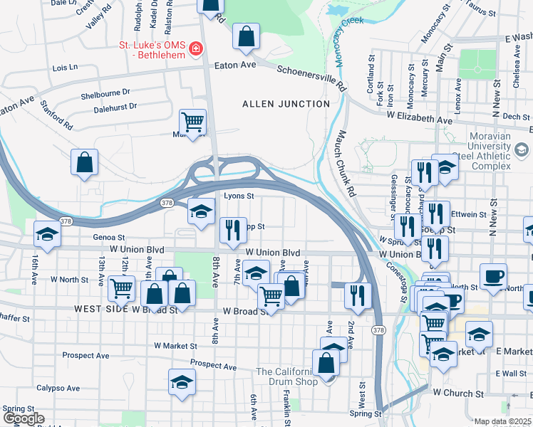 map of restaurants, bars, coffee shops, grocery stores, and more near 941 5th Avenue in Bethlehem