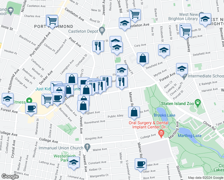 map of restaurants, bars, coffee shops, grocery stores, and more near 1131 Forest Avenue in Staten Island