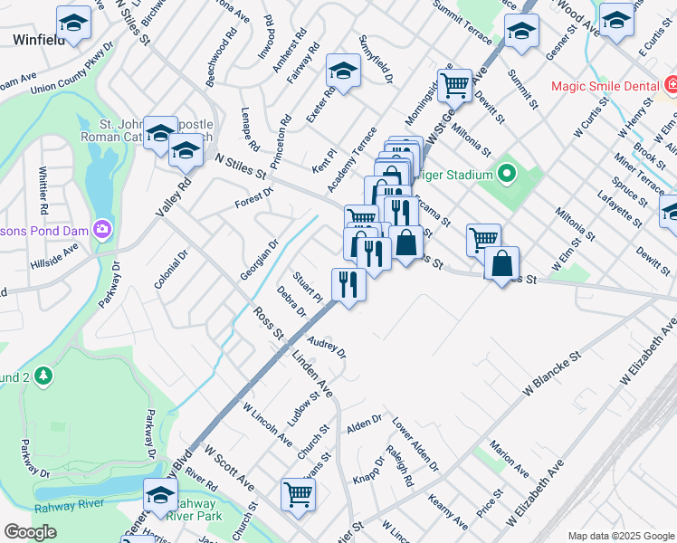 map of restaurants, bars, coffee shops, grocery stores, and more near 1121 Karen Terrace in Linden