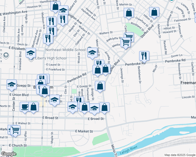 map of restaurants, bars, coffee shops, grocery stores, and more near 749 East Fairview Street in Bethlehem