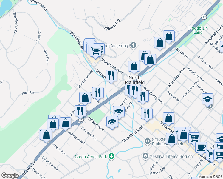 map of restaurants, bars, coffee shops, grocery stores, and more near 591 Somerset Street in North Plainfield