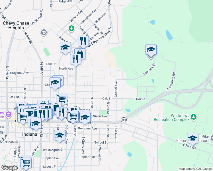 map of restaurants, bars, coffee shops, grocery stores, and more near 1 Chestnut Street in Indiana