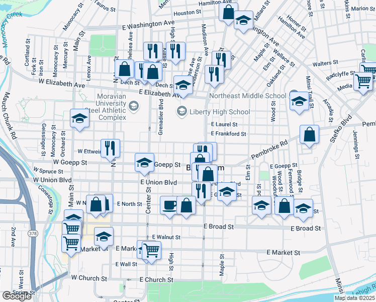 map of restaurants, bars, coffee shops, grocery stores, and more near 250 East Fairview Street in Bethlehem