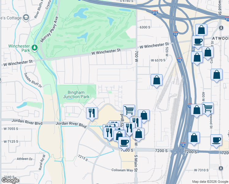 map of restaurants, bars, coffee shops, grocery stores, and more near 847 Presidio Drive in Midvale