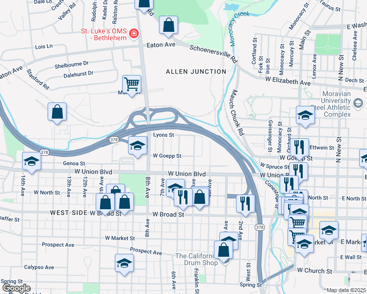 map of restaurants, bars, coffee shops, grocery stores, and more near 941 5th Avenue in Bethlehem