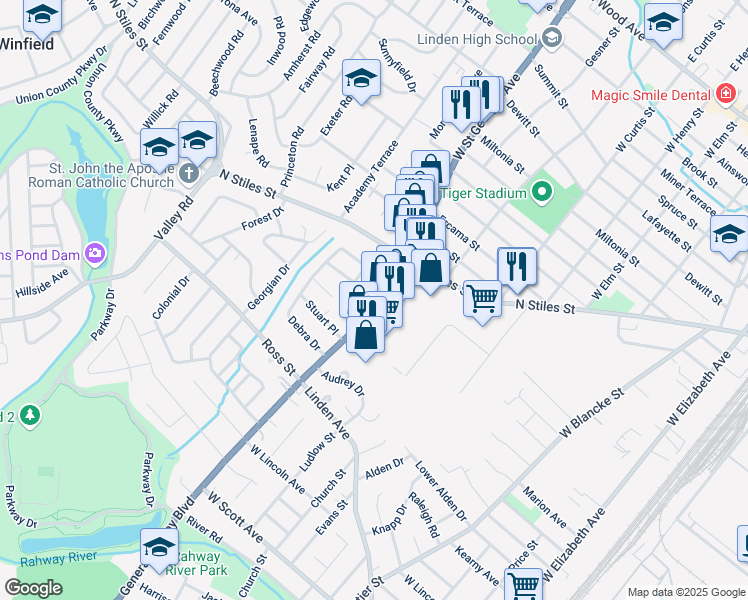 map of restaurants, bars, coffee shops, grocery stores, and more near 1102 New Jersey 27 in Linden