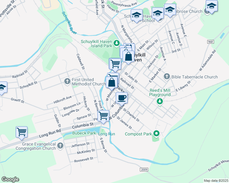 map of restaurants, bars, coffee shops, grocery stores, and more near 126 West Main Street in Schuylkill Haven