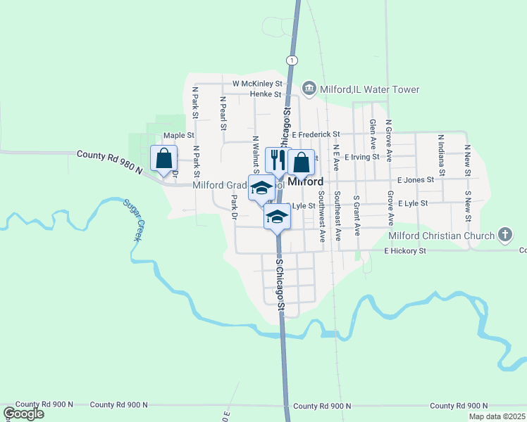 map of restaurants, bars, coffee shops, grocery stores, and more near 100 South Chicago Street in Milford