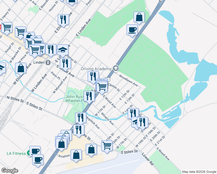 map of restaurants, bars, coffee shops, grocery stores, and more near in Linden