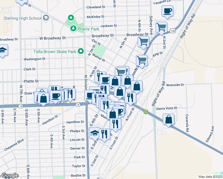 map of restaurants, bars, coffee shops, grocery stores, and more near 324 North 4th Street in Sterling