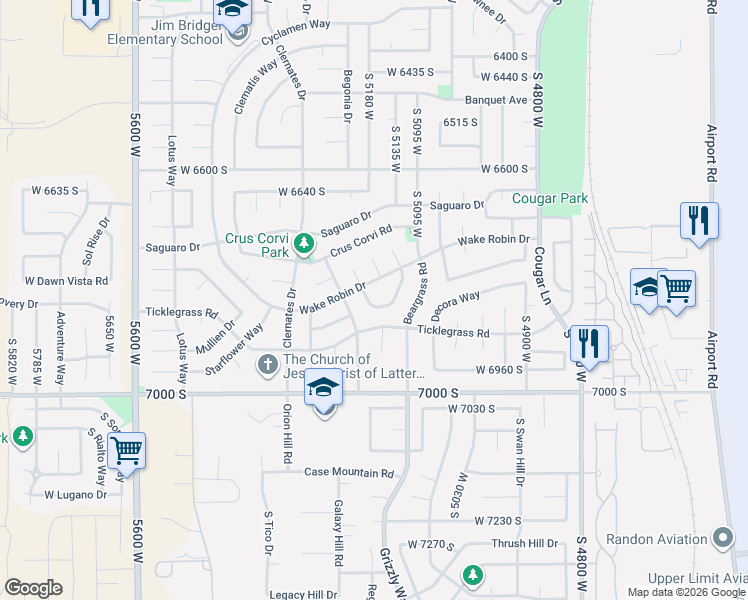 map of restaurants, bars, coffee shops, grocery stores, and more near 6831 Fox Ridge Way in West Jordan