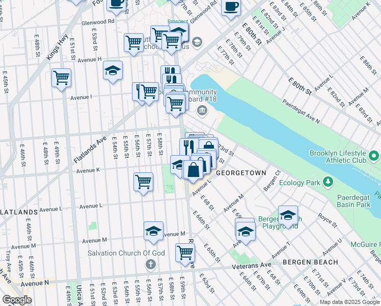 map of restaurants, bars, coffee shops, grocery stores, and more near 2063 Ralph Avenue in Brooklyn