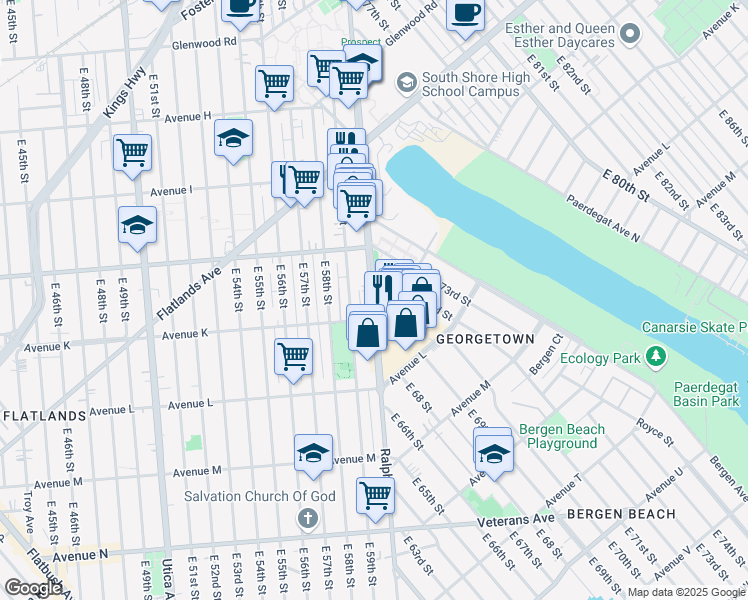 map of restaurants, bars, coffee shops, grocery stores, and more near 2063 Ralph Avenue in Brooklyn