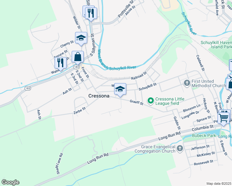 map of restaurants, bars, coffee shops, grocery stores, and more near 57 Schuylkill Street in Cressona