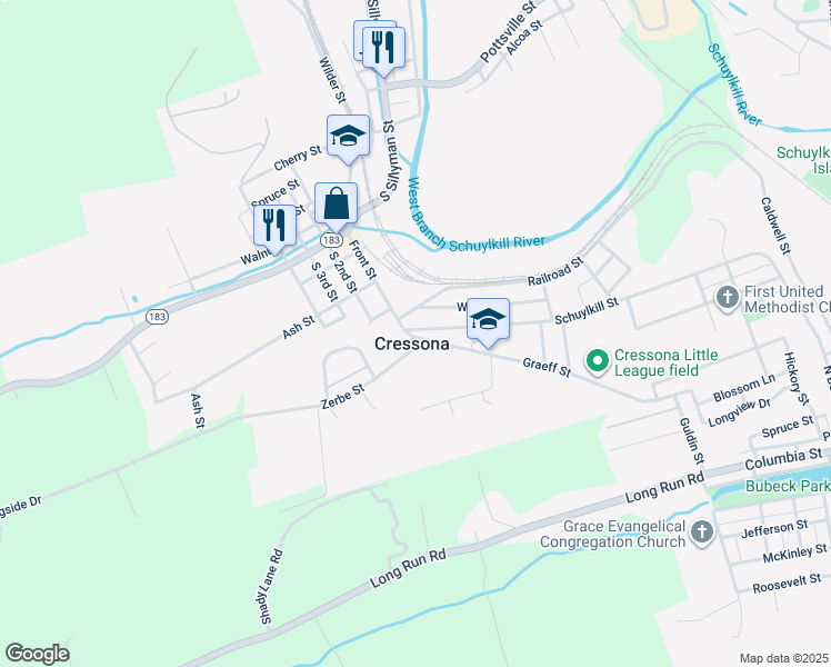 map of restaurants, bars, coffee shops, grocery stores, and more near 6 Graeff Street in Cressona