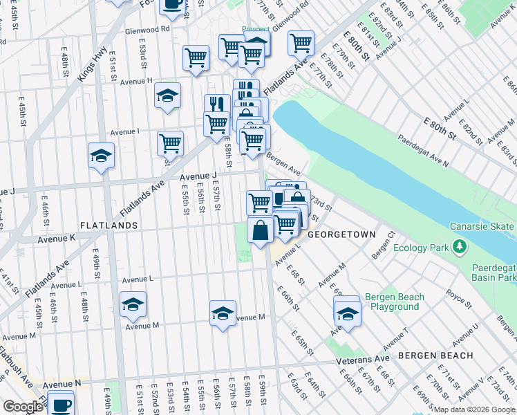 map of restaurants, bars, coffee shops, grocery stores, and more near 2042 Ralph Avenue in Brooklyn