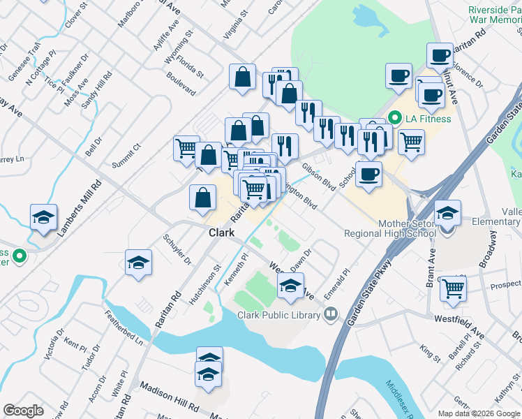 map of restaurants, bars, coffee shops, grocery stores, and more near 1061 Raritan Road in Clark