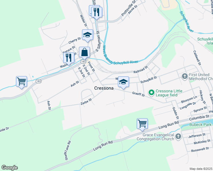 map of restaurants, bars, coffee shops, grocery stores, and more near 6 Graeff Street in Cressona