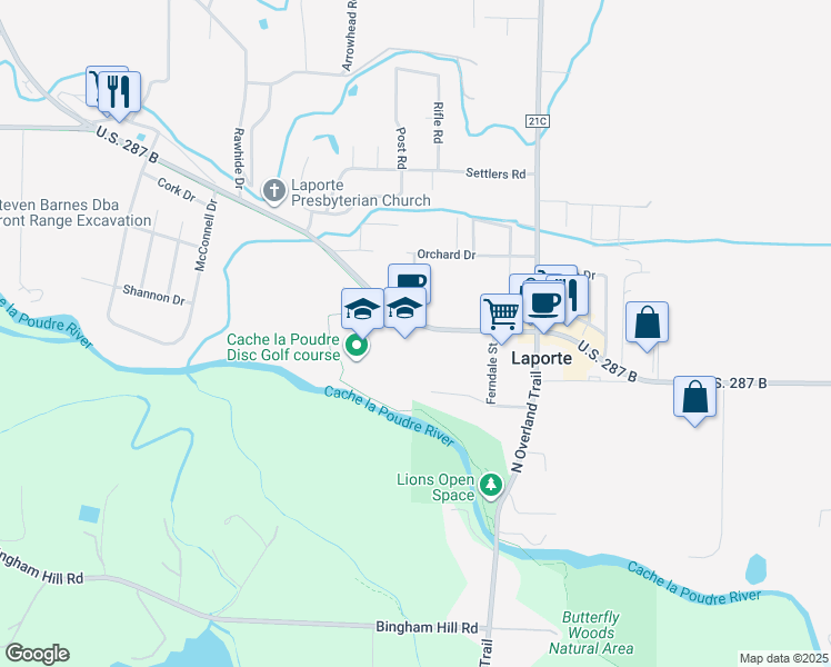 map of restaurants, bars, coffee shops, grocery stores, and more near 3511 U.S. 287 B in Laporte