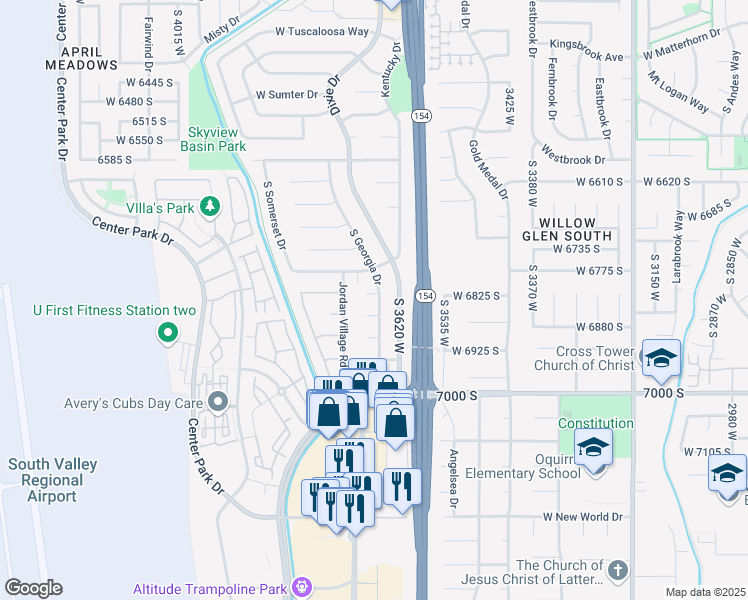 map of restaurants, bars, coffee shops, grocery stores, and more near 6828 South Georgia Drive in West Jordan