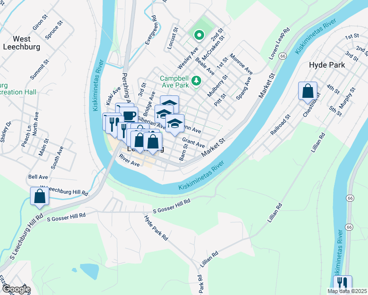 map of restaurants, bars, coffee shops, grocery stores, and more near 326 Grant Avenue in Leechburg