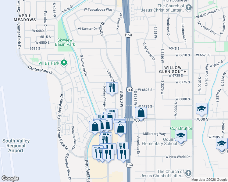 map of restaurants, bars, coffee shops, grocery stores, and more near 6828 South Georgia Drive in West Jordan