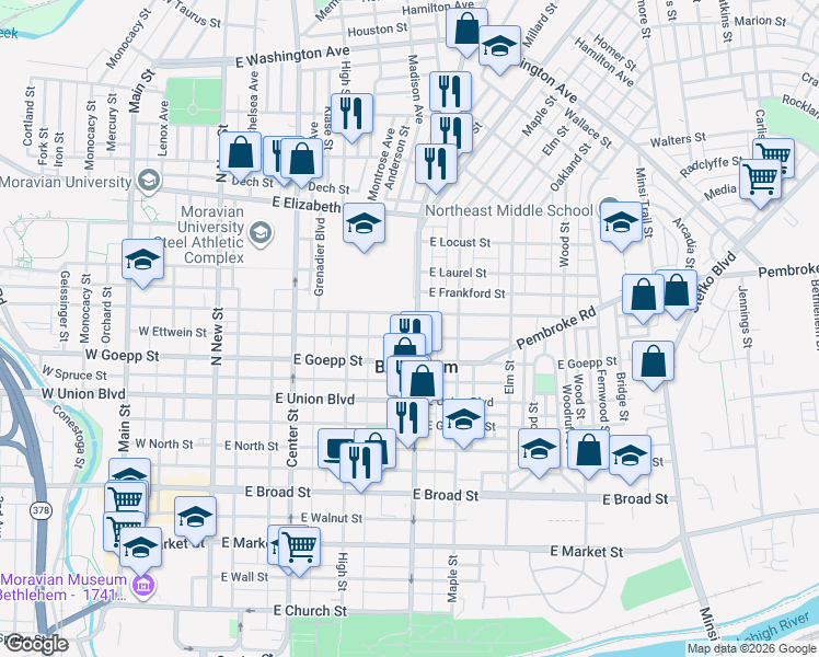map of restaurants, bars, coffee shops, grocery stores, and more near 941 Linden Street in Bethlehem