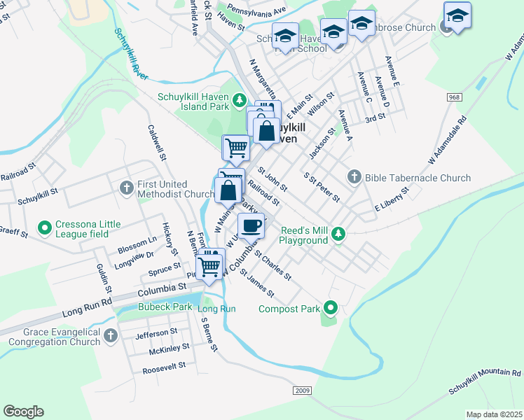map of restaurants, bars, coffee shops, grocery stores, and more near 123 Parkway in Schuylkill Haven