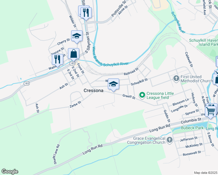 map of restaurants, bars, coffee shops, grocery stores, and more near 57 Schuylkill Street in Cressona