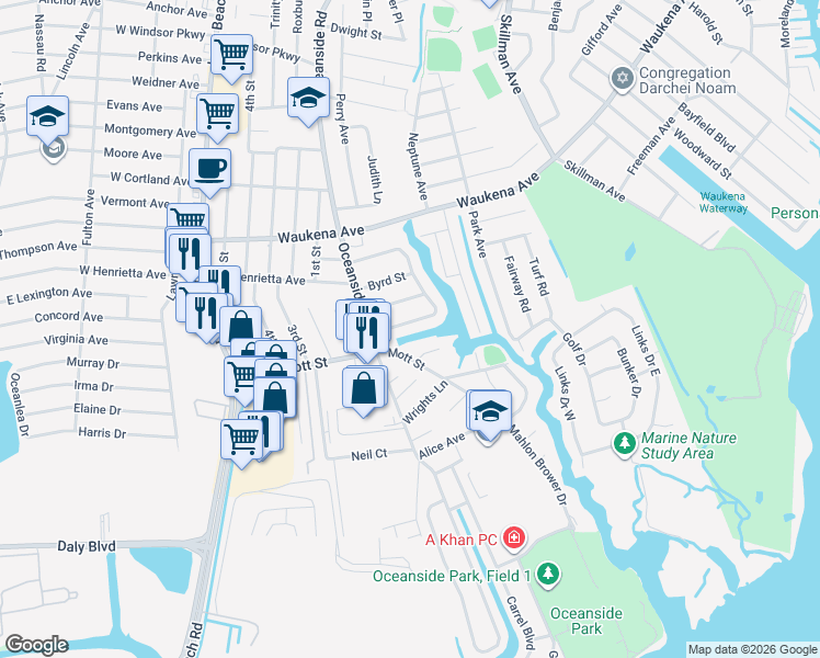 map of restaurants, bars, coffee shops, grocery stores, and more near 186 Lindbergh Avenue in Oceanside