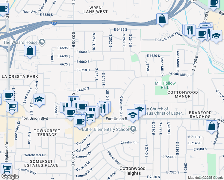 map of restaurants, bars, coffee shops, grocery stores, and more near 2532 East 6830 South in Cottonwood Heights