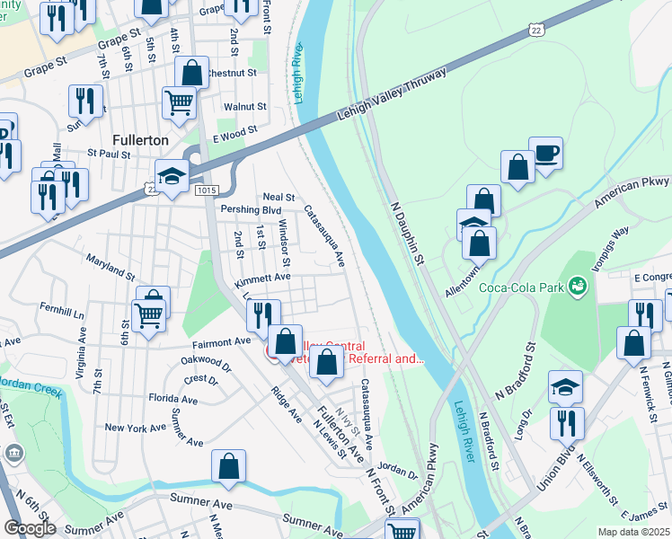 map of restaurants, bars, coffee shops, grocery stores, and more near 406 Catasauqua Avenue in Fullerton