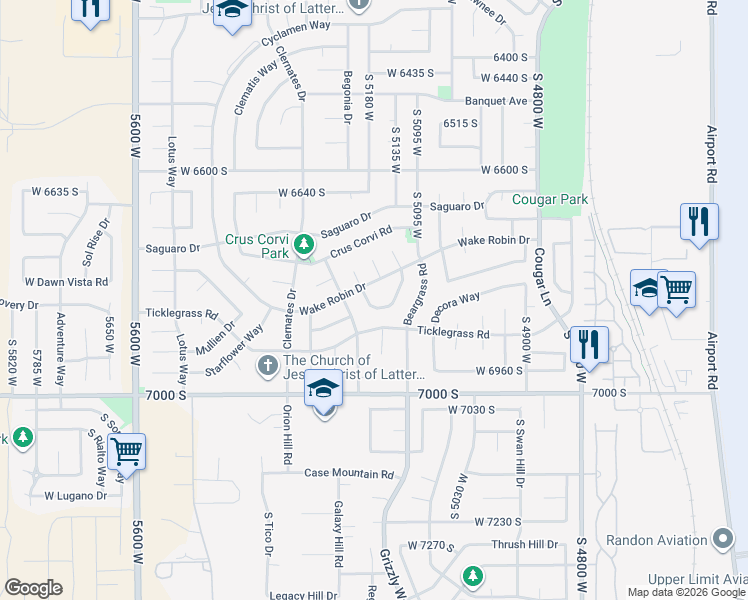 map of restaurants, bars, coffee shops, grocery stores, and more near 6831 Fox Ridge Way in West Jordan