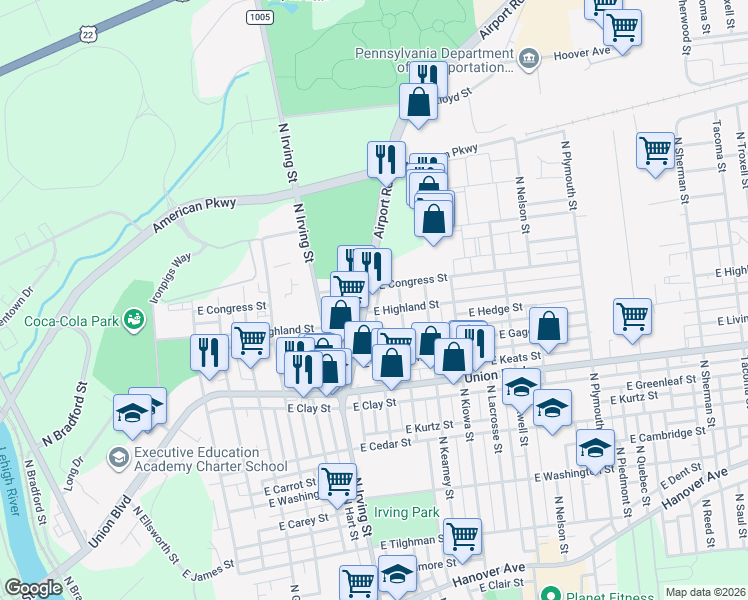 map of restaurants, bars, coffee shops, grocery stores, and more near 998 East Congress Street in Allentown