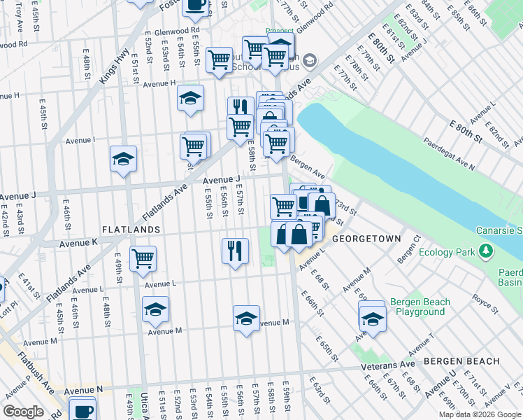 map of restaurants, bars, coffee shops, grocery stores, and more near 1109 East 58th Street in Brooklyn
