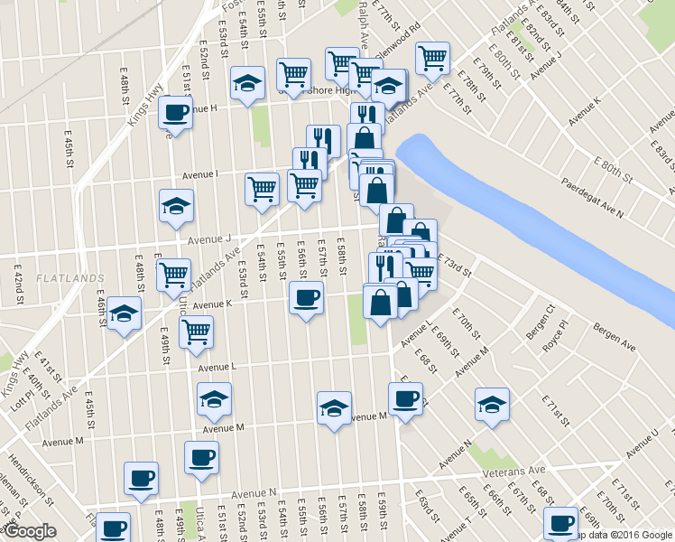 map of restaurants, bars, coffee shops, grocery stores, and more near 1109 East 58th Street in Brooklyn