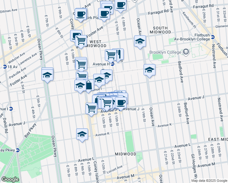 map of restaurants, bars, coffee shops, grocery stores, and more near 1424 Avenue I in Brooklyn
