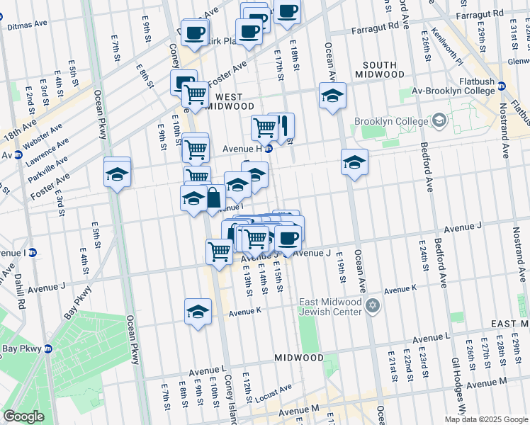 map of restaurants, bars, coffee shops, grocery stores, and more near 1424 Avenue I in Brooklyn