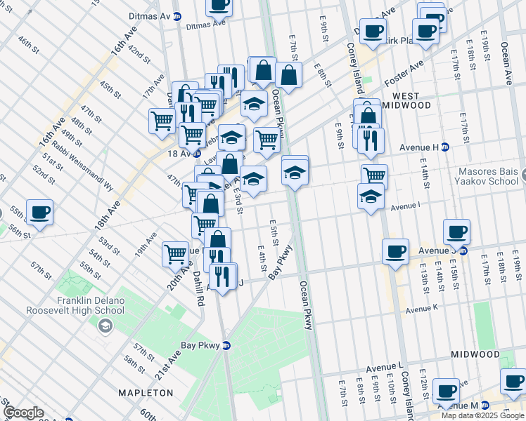 map of restaurants, bars, coffee shops, grocery stores, and more near 419 Elmwood Avenue in Brooklyn