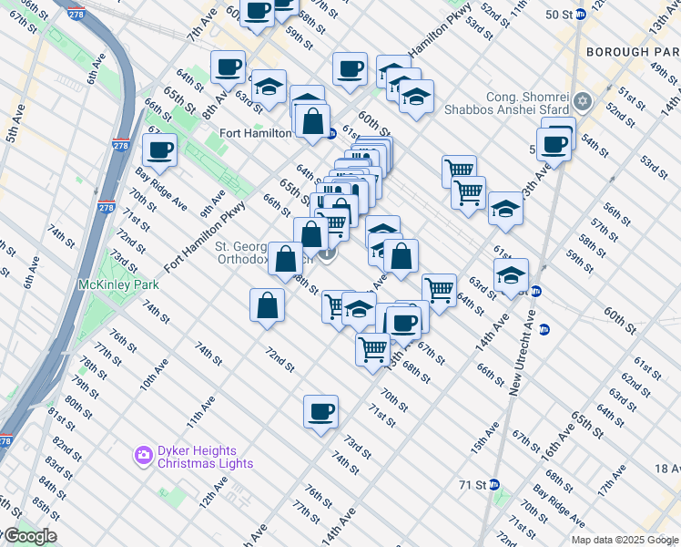 map of restaurants, bars, coffee shops, grocery stores, and more near 1139 66th Street in Brooklyn