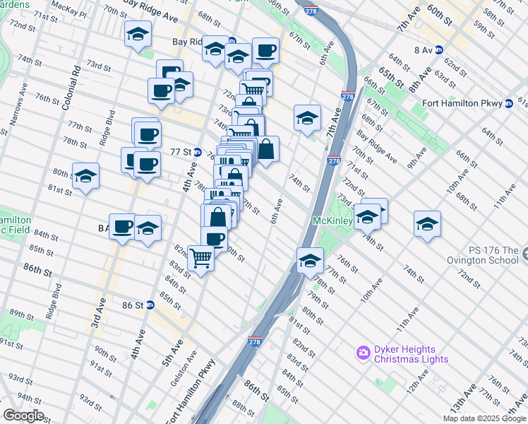 map of restaurants, bars, coffee shops, grocery stores, and more near 543 77th Street in Brooklyn