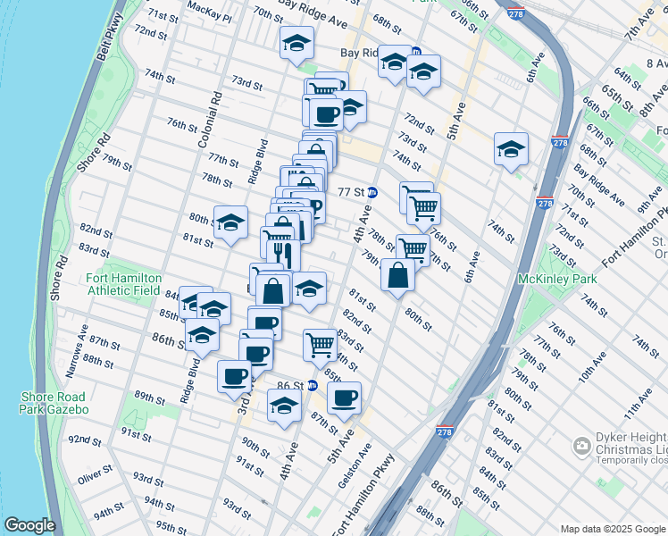 map of restaurants, bars, coffee shops, grocery stores, and more near 342 80th Street in Brooklyn