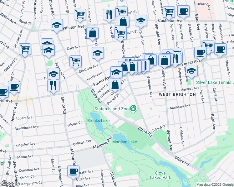 map of restaurants, bars, coffee shops, grocery stores, and more near 21 Clove Lake Place in Staten Island